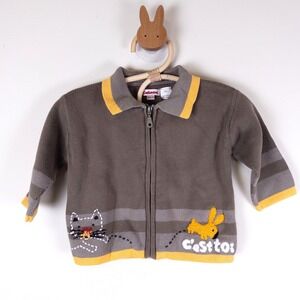 Catimini Zip Cardigan Kids 12M Gray Yellow Cat Bunny Embroidered Sweater‎